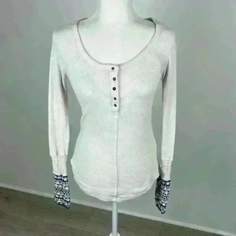 Free People White & Blue Button Top Size S